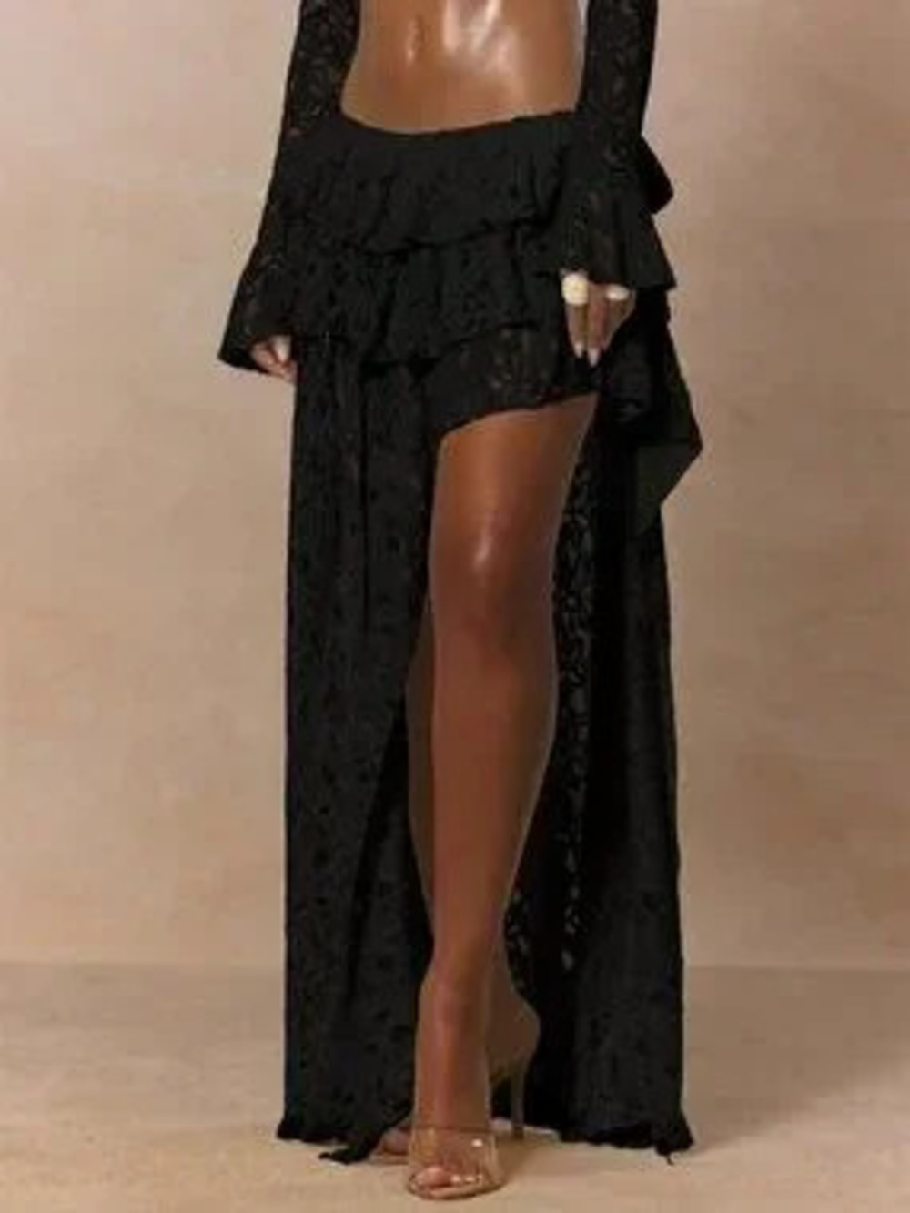 Black Women's lace Tiered Ruffle Asymmetric Split Maxi Floor Length Skirt